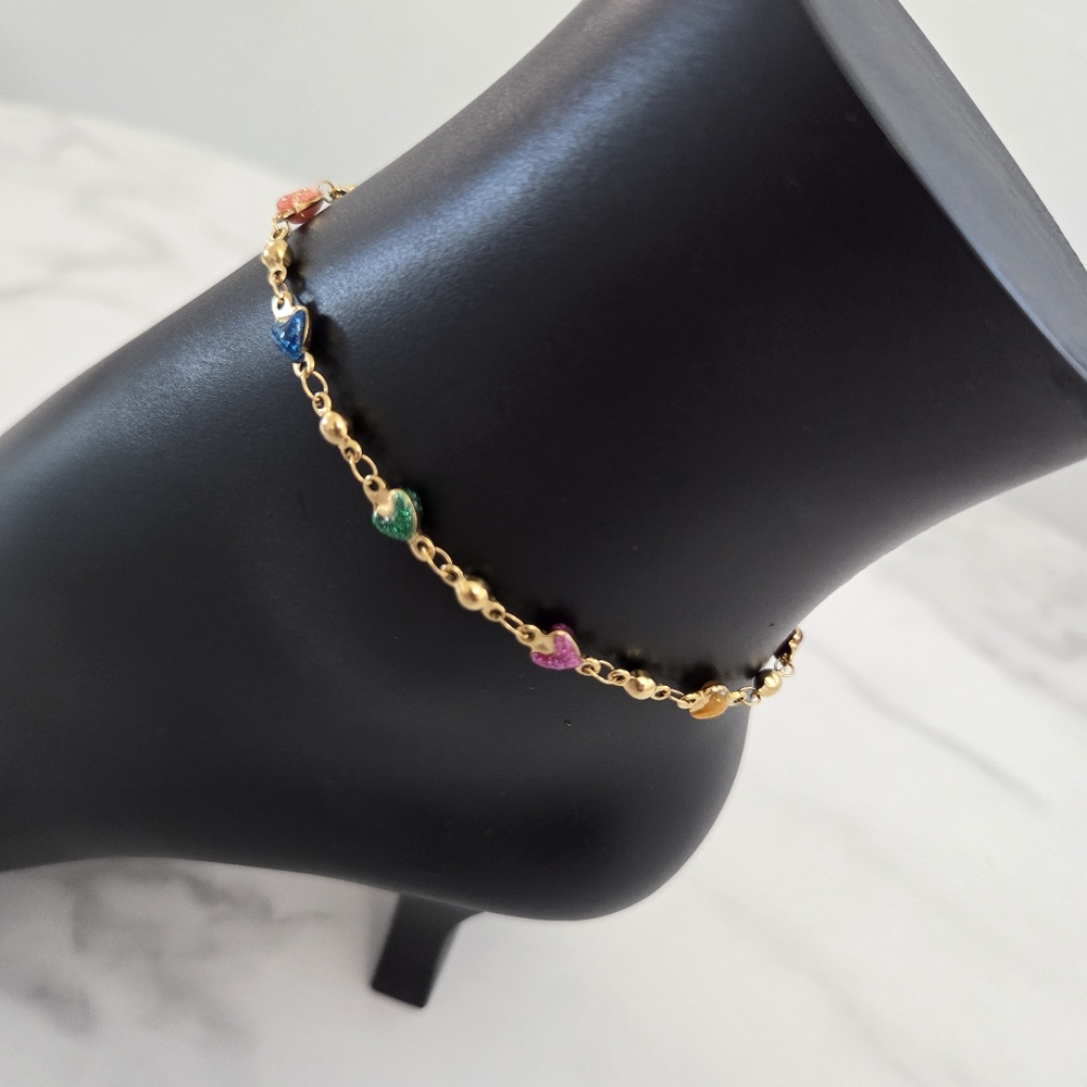 Adjustable 18k Gold Plated Anklet with Colorful Heart Charms - Picture 10 of 12
